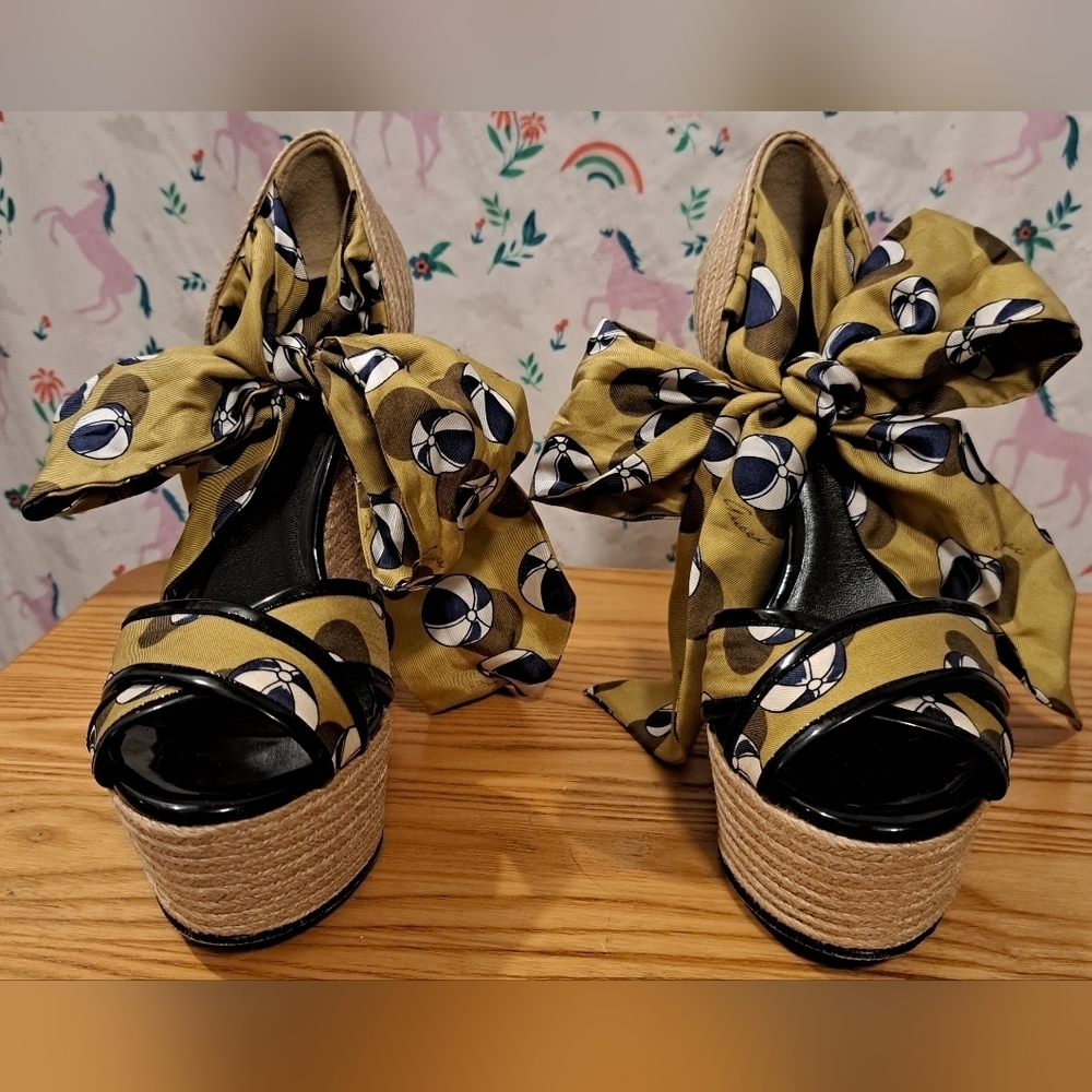 EUC RARE Vintage Y2K Gucci Platform Boho Jute & Silk Wedge Espadrille Shoe SZ 6 - Picture 2 of 10